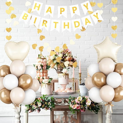 White and Gold Birthday Party Decorations for Women Girls Metallic Gold White Sand Balloon Set with Star Heart Foil Balloons Happy Birthday Bunting Banner Garland Neutral Cream Beige Party Decor Kit