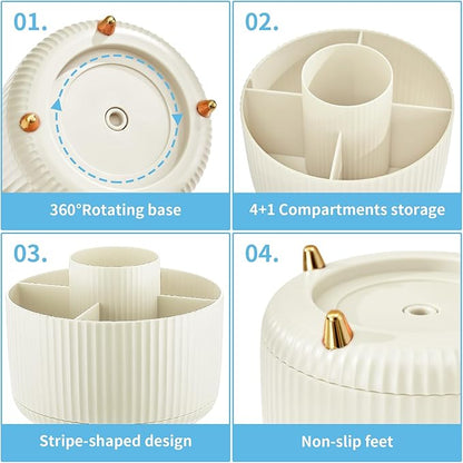 Marbrasse Desk Organizer, 360-Degree Rotating Pen Holder, 5-Compartment Pencil Organizer, Art Supply Storage Box Caddy for Office and Home (Ivory)