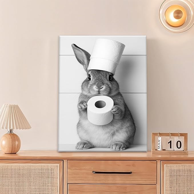 Bunny Bathroom Wall Art, Rabbit Pictures Wall Decor, Animal Canvas Prints Painting, Framed Artwork For Bathroom Living Room Bedroom Office Dining Room 16"X12"