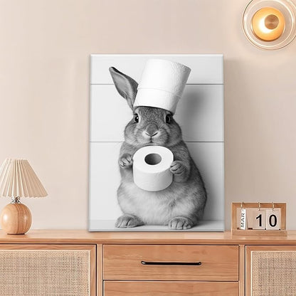 Bunny Bathroom Wall Art, Rabbit Pictures Wall Decor, Animal Canvas Prints Painting, Framed Artwork For Bathroom Living Room Bedroom Office Dining Room 16"X12"