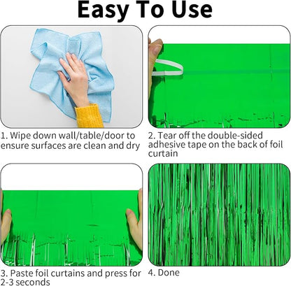 Thicken Green Streamers 2 Pack 3.2 x 8.2 FT, Green Birthday Decrorations Tinsel Backdrop Curtains, Foil Fringe Photo Backdrop for Dinosaur, Football, Christmas, Jungle, Golf Party Decorations
