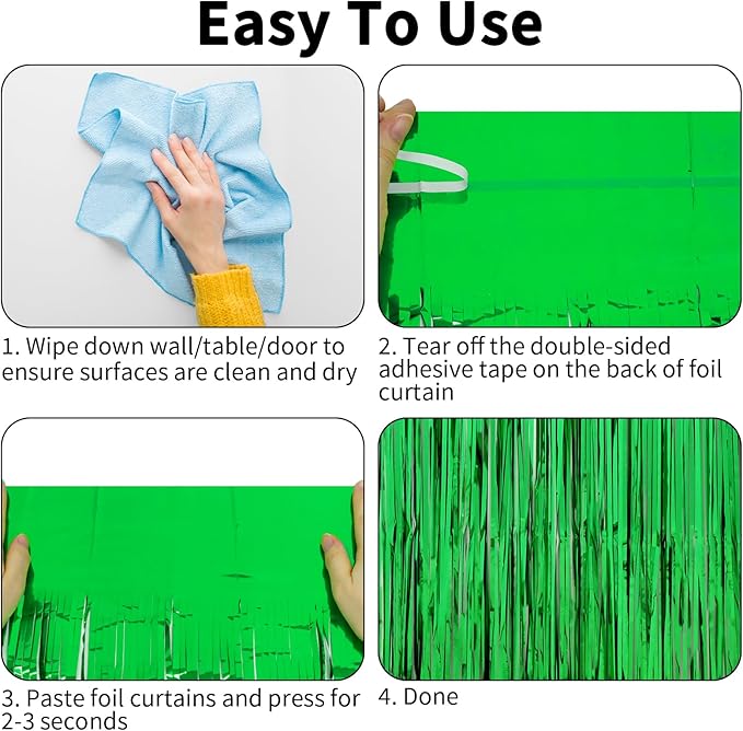 Thicken Green Streamers 4 Pack 3.2 x 8.2 FT, Tinsel Backdrop Curtains, Foil Fringe Photo Backdrop for Birthday, Dinosaur, Football, Jungle, Christmas, Golf Party Decorations