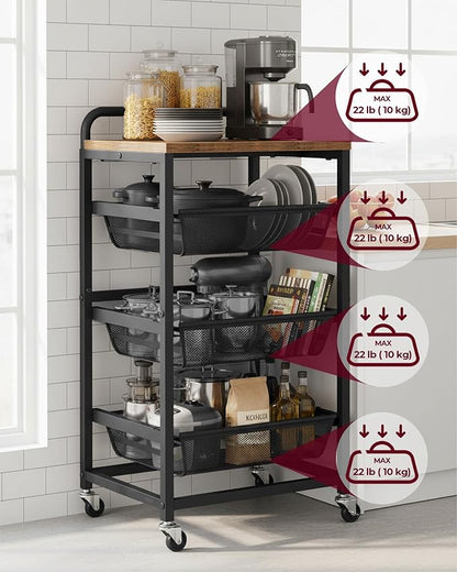 VASAGLE Storage Rolling Cart with Pull-Out Baskets, 4-Tier Utility Cart Orgnizer with Wheels for Laundry Room, Kitchen, Handle, 12.5 x 15.8 x 29.9 Inches, Rustic Brown and Ink Black ULRC040K01