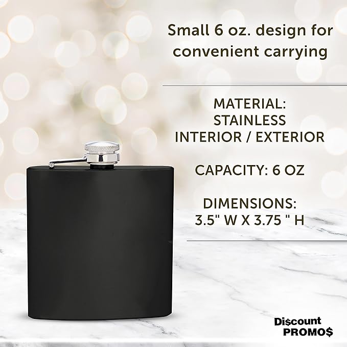 Murano Stainless Steel Hip Flasks 6 oz. Set of 10, Bulk Pack - Screw on Cap, Great for Wedding Party Gifts, Groomsmen Gifts, Outdoor Activities - Black