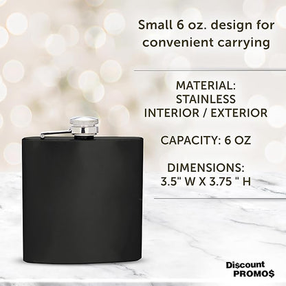 Murano Stainless Steel Hip Flasks 6 oz. Set of 10, Bulk Pack - Screw on Cap, Great for Wedding Party Gifts, Groomsmen Gifts, Outdoor Activities - Black