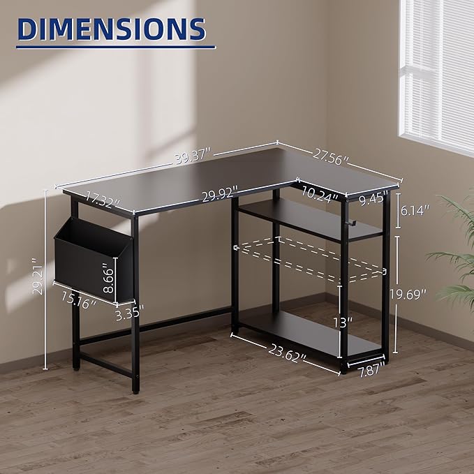 Pamray 40 Inch L Shaped Computer Desk with Reversible Side Storage Shelves, Small Corner Desk for Small Space Home Office, Writing Study Table PC Desk for Bedroom, Marble