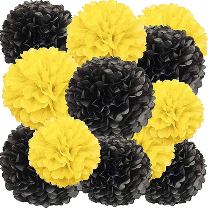 We Moment Black and Yellow Paper Pom Poms for Wedding Birthday Party Decoration - Ceiling Wall Hanging Tissue Flowers - 12pcs 2 Colors of 12 Inch 10 Inch