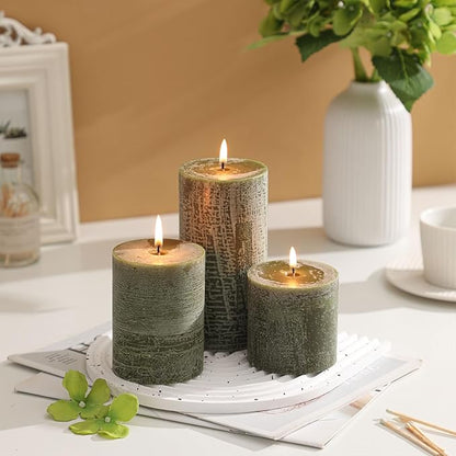 3x6 Inch Moss Green Pillar Candles - Set of 3, Long Clean Burning, Smokeless Dripless Candles for Spring Home Decor, Dinner Table, Bathroom, Rustic Decor