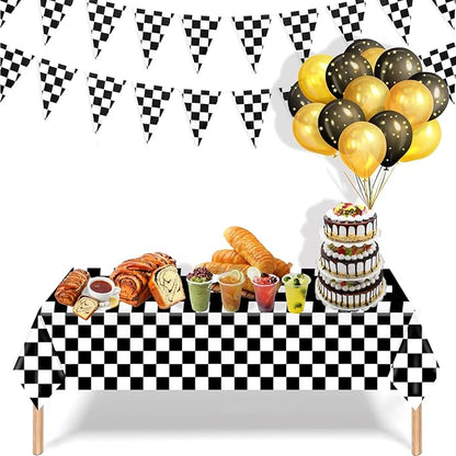 Kesfey 8 Packs Black and White Checkered Tablecovers 54 x 108 Inches Disposable Party Picnic Table Cloth Splashproof Plastic Checkered Tablecovers for Camping Decoration Party Favors