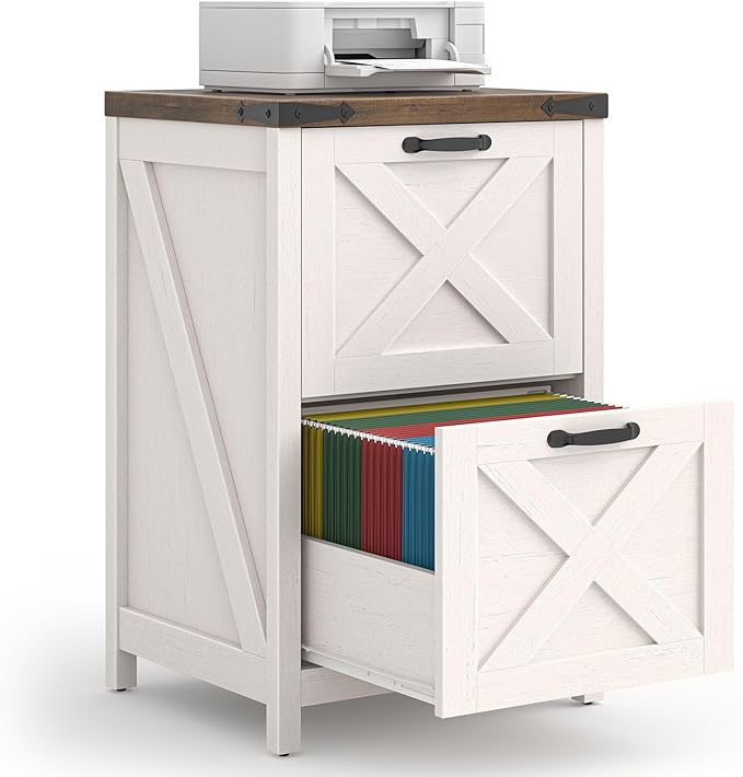 2 Drawer Small File Cabinet, Farmhouse Vertical Filing Cabinet Fits Letter and A4 Size, Under Desk Wooden File Cabinets for Home Office, Printer Stand, Rustic White