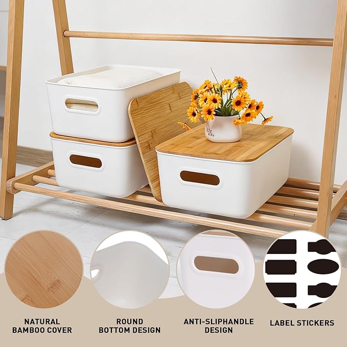 Citylife Storage Bins with Bamboo Lids 13QT Plastic Storage Containers Stackable Organizer Boxes with Handle for Desk Snacks, Toys, 2 PCS, 14" L x 10.6" W x 6.18" H