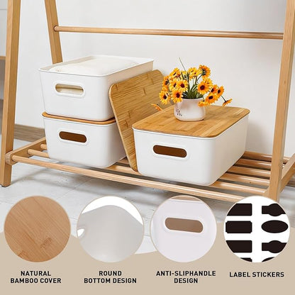 Citylife Storage Bins with Bamboo Lids 13QT Plastic Storage Containers Stackable Organizer Boxes with Handle for Desk Snacks, Toys, 4 PCS, 14" L x 10.6" W x 6.18" H