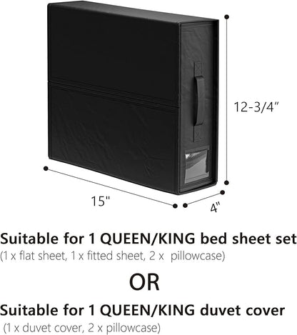 SUOCO SheetCube Bed Sheet Organizers and Storage 4 Pack, Foldable Linen Closet Organizer, Bedding Folder Storage Box Container for Blanket, Duvet Cover Set, Bed Sheet Set - Black
