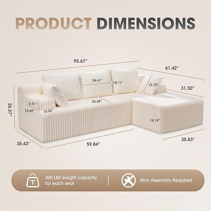 Hobestluk Modular Sectional Sofa Couches L-Shape Couch 3 Seat Modular Sofa Memory Foam Sectional Couches for Living Room, Cloud Couch with Oversized Chaise (96" Right Facing Chaise)