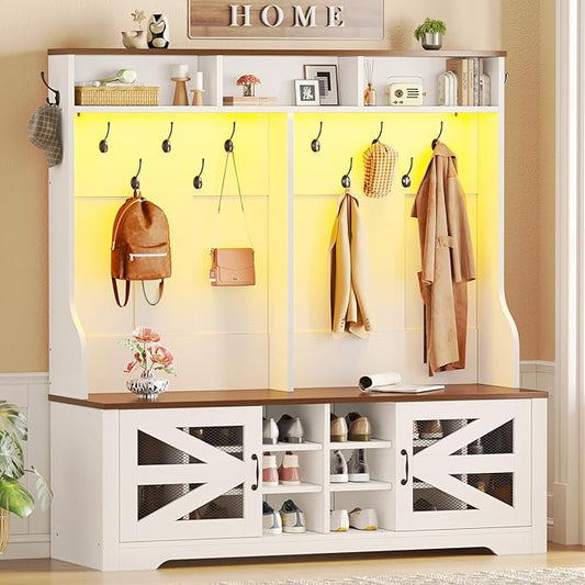 Itaar Hall Tree with Bench and Shoe Storage, 5-in-1 Entryway Bench with Coat Rack, 16 Shoe Cubbies & 12 Coat Hooks, Barn Door & Adjustable Shelf (White)