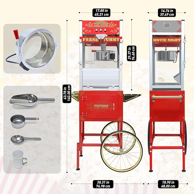 Commercial 20 Oz Popcorn Machine with Cart - 100 Cups, Stainless Steel Kettle, Warming Light - Portable Popper for Home Theater & Parties, Red
