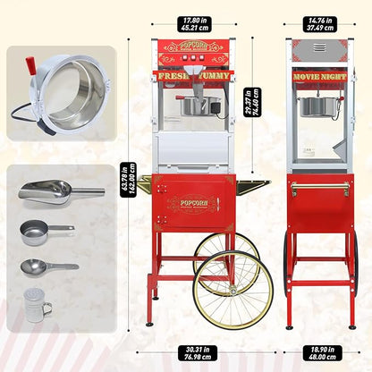 Commercial 20 Oz Popcorn Machine with Cart - 100 Cups, Stainless Steel Kettle, Warming Light - Portable Popper for Home Theater & Parties, Red