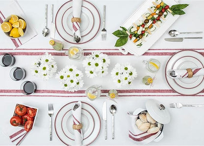 Solino Home Linen Table Runner 108 Inches Long - French Stripe, 100% Pure Linen Burgundy and White Farmhouse Table Runner 16 x 108 Inch Ideal for Dining, Fall, Autumn