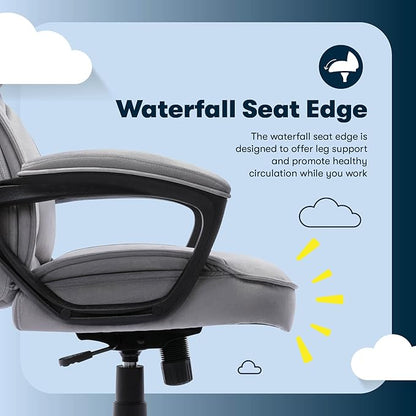 Serta Comfort Classic Executive Office Chair, Ergonomic Mid-Back Computer DeskChair with Lumbar Support, Semi-Plush Cushion and Body Pillows, Padded Armrests, Swivel Base, Gray Velvet Fabric