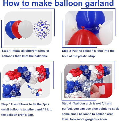Red White and Blue Balloons Garland Arch Kit 164pcs Balloons Different Sizes 5 10 12 18inch with Confetti Balloons for Labor Day 4th of July Baseball Birthday Party Decorations