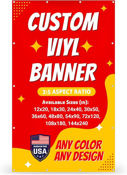 Custom Vinyl Banner with 150+ Sizes – Personalized Outdoor or Indoor Sign – Any Color & Design – Made in USA – Party, Business, Event Use