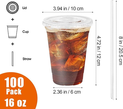 16 oz 100 Pack Clear Plastic Cups with Lids and Straw,leak-proof durable,To-Go Cold Coffee Cups,Disposable Cold Drink Cups for Parties, Outdoor Events, Cafes, and Smoothies