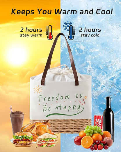 Insulated Picnic Basket Wicker Picnic Basket with 23.7L Canvas and Willow Folding Collapsible Shopping Baskets with Drawstring Closure, Insulated Waterproof Lining for Camping,Wedding Gifts