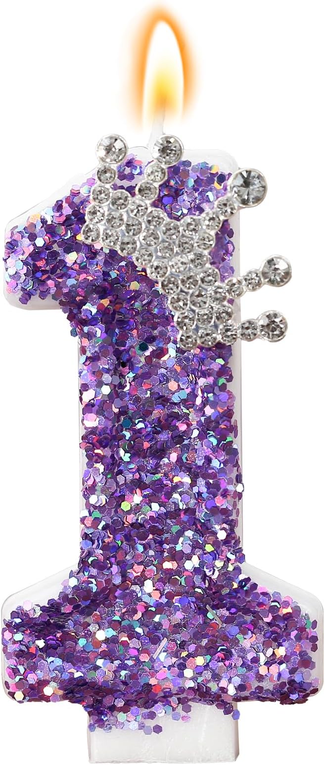 Birthday Number Candles,Purple Crown Birthday Candles for Cake,Glitter Number 1 Candle Cake Topper with Sequins for Anniversary Celebrations Supplies (Number 1)
