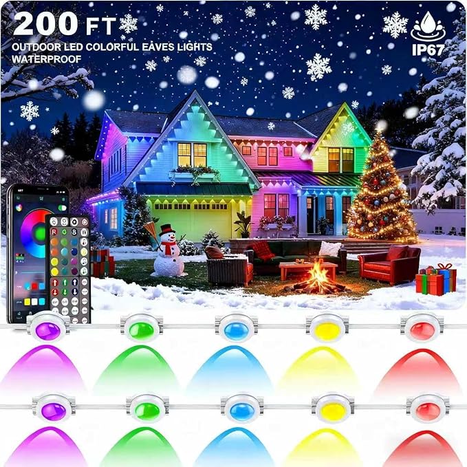 Permanent Outdoor Lights 200FT—Smart RGB Eave Lighting with App & Remote Control, IP67 Waterproof for House Exterior, Garden, Holiday, and Party Decor