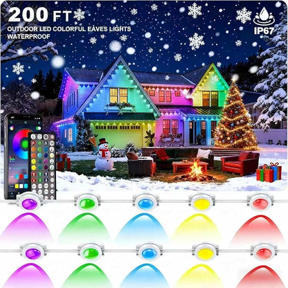 Permanent Outdoor Lights 200FT—Smart RGB Eave Lighting with App & Remote Control, IP67 Waterproof for House Exterior, Garden, Holiday, and Party Decor