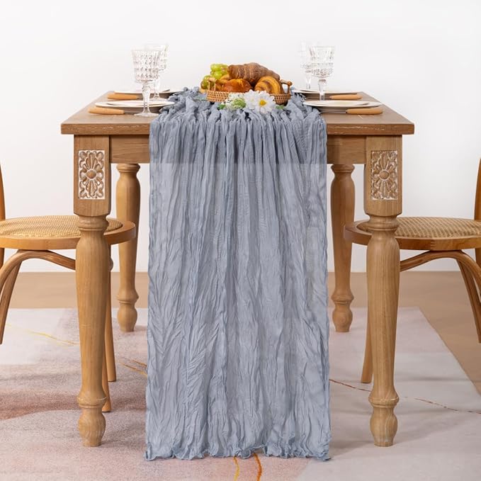 MLMC Grey Table Runner Cheesecloth Table Runner 10ft Sheer Rustic Gauze Cheese Cloth Centerpiece Decor 35x120 Inches for Wedding Party Bridal Shower Birthday Winter Decor