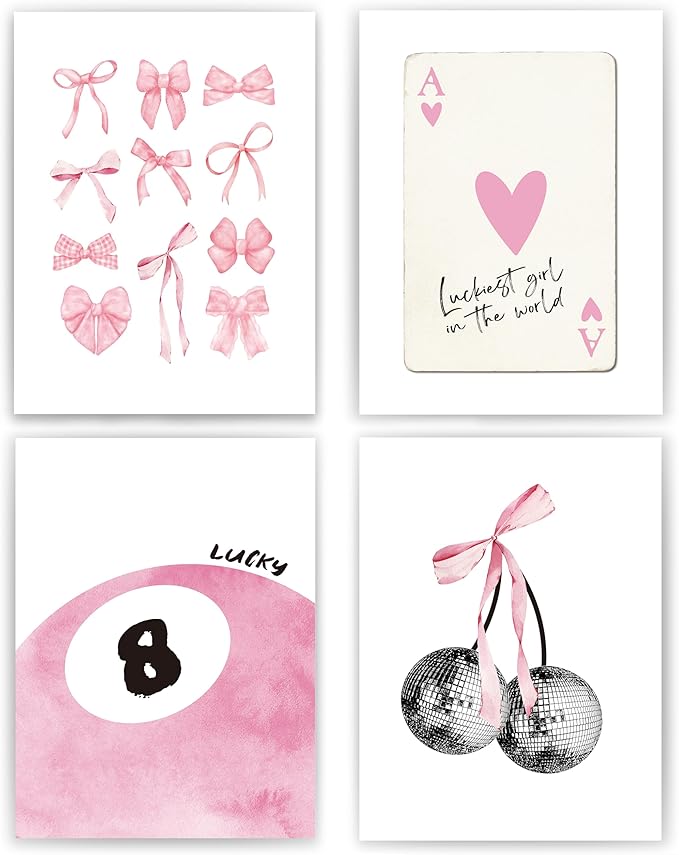Pink Coquette Trendy Preppy Wall Art Prints Set of 4, Coquette Room Decor, Preppy Room Decor Aesthetic, Pink Bow Disco 8 Ball Cherry Wall Decor Posters for Girls Bedroom Dorm, 12x16 Unframed