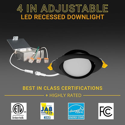 NuWatt 12 Pack, 4 Inch Black Gimbal LED Recessed Lighting, 2700K/3000K/3500K/4000K/5000K Selectable, 630LM, Dimmable, Damp Rated, Canless Adjustable Directional Lights for Sloped Ceilings, Metal J-Box