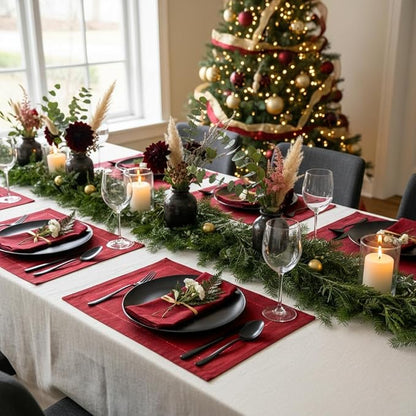 D'Moksha Homes Red Linen Placemats Set of 4 - Classic Hemstitch Placemats 14 x 19 Inch - 100% Pure Linen Table Mats for Winter, Christmas, Holiday - Handcrafted and Machine Washable