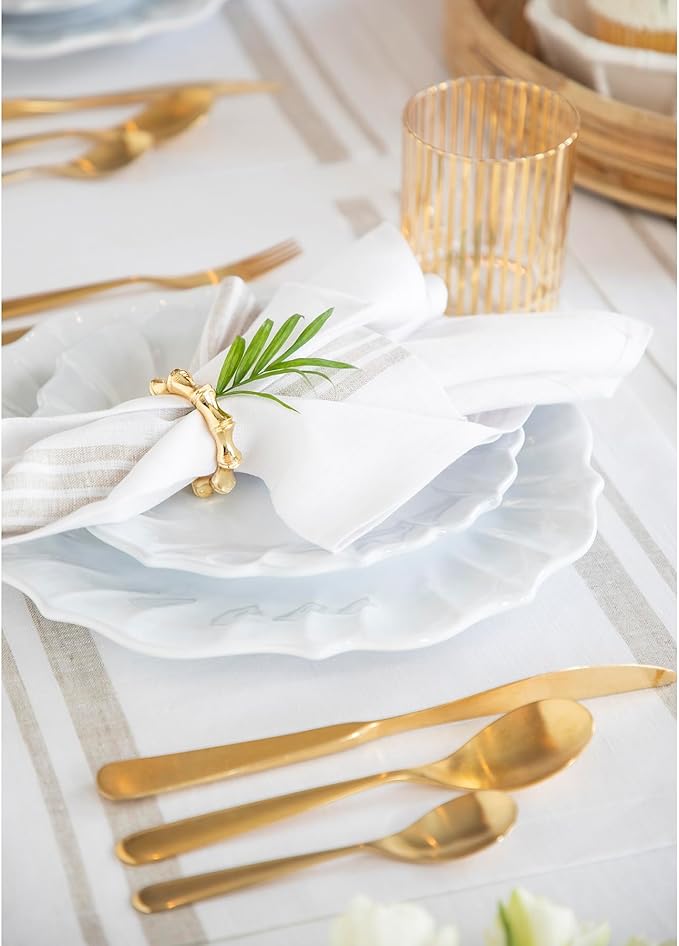 Solino Home Linen Table Runner 156 Inches Long - 100% Pure Linen Natural and White French Stripe Table Runner 14 x 156 Inch for Dining