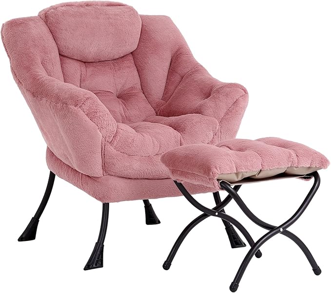LITA Lazy Chair with Ottoman, Modern Accent Leisure Upholstered Sofa Chair, Lounge Reading Chairs with Armrests and a Side Pocket for Living Room, Bedroom & Small Space, Plush Dark Pink