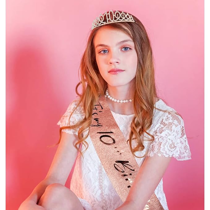 CIEHER 10th Birthday Crown, Sash + Pearl Pin Set - Decorations and Gifts for 10 Year Old Girl's Birthday Party Favors