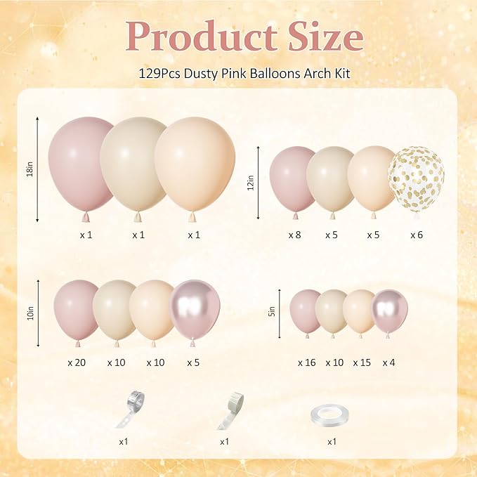 Ouddy Party Boho Dusty Pink Balloons Garland Arch Kit, Different Sizes 18 12 10 5 Inch Pastel Pink Sand White Pearl Latex Confetti Balloon for Baby Bridal Shower Birthday Women Girls Party Decorations