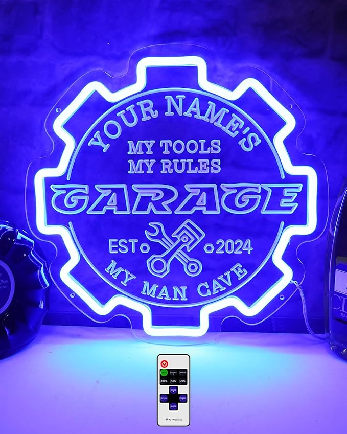 Custom Garage Neon sign for Wall Decor with Timing Remote, Personalized Gear Garage LED Neon Light for Man Cave, Home Bar, Workshop, Son Dad Birthday Gift BLUE