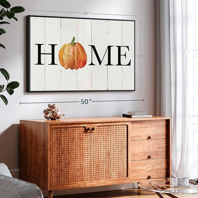 Elephant Stock Home Pumpkin Wall Art - Horizontal Floating Framed Canvas - 1-Piece Living Room Wall Decor - Rural Watercolor Canvas Print - Beige and Black Decor for Wall - by Carol Robinson - 43" X 29"