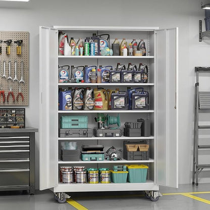 VINGLI Large Metal Storage Cabinet with 2 Doors and 5 Adjustable Shelves, Upgraded Height & Wide & Deep, 43''W x 20''D x 72''H, Oversized Garage Storage Cabinet with Wheels and Locks (White)