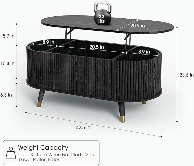 42.5" Oval Lift Top Coffee Table with Storage,Modern Black Center Table with Fluted Design, Pop Up CoffeeTable for Living Room,Solid Wood Legs & Hidden Compartment,