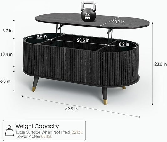 42.5" Oval Lift Top Coffee Table with Storage,Modern Black Center Table with Fluted Design, Pop Up CoffeeTable for Living Room,Solid Wood Legs & Hidden Compartment,