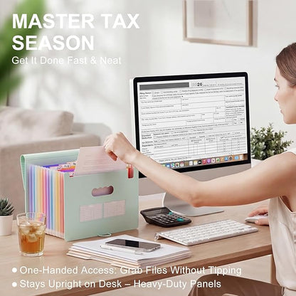 ThinkTex Accordion File Organizer, 12 - Pocket Expanding File Folders for Paper Receipts, Bills & Taxes Organizer, Letter/A4 Size Document Holder for School, Office, Home with tabs-Sage Green