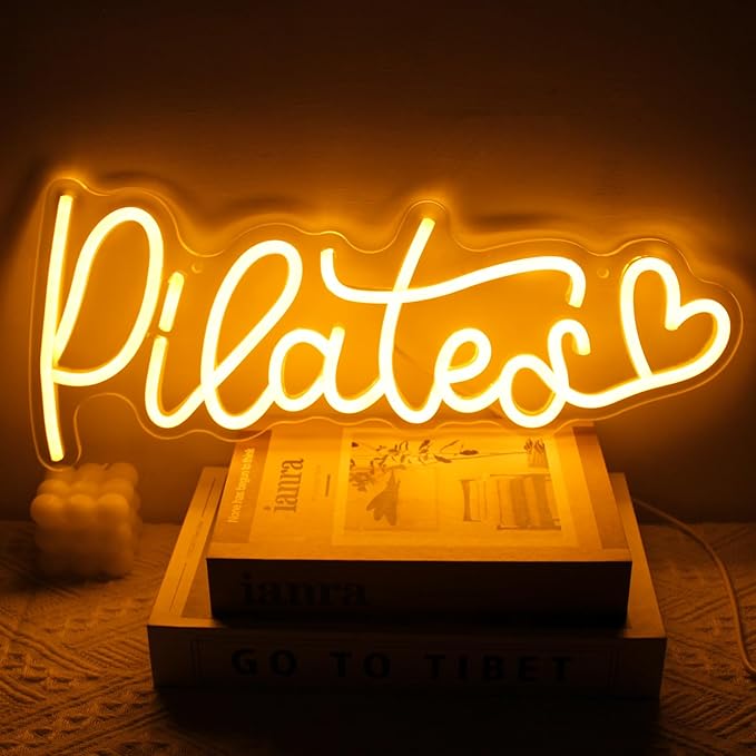 Pilates Neon Sign Yoga LED Neon Lights Signs Orange Letter with Love Neon Signs for Wall Motivational Wall Art Pilates Neon Light Up Sign for Gym Yoga Studio Bedroom Pilates Pavilion Decor
