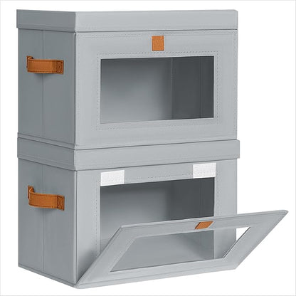 Small Fabric Storage bins - Collapsible Storage Bins with Open Window, 2 Pack Closet Baskets for Shelves, Stackable Decorative Boxes for Home, Dorm, Grey, 13.7"x 9.8" x 9.8"