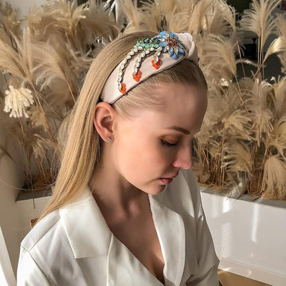 Yusier Baroque Rhinestone Crystal Headbands for Women - Embroidered Hair Band - Exquisite Hairband - Available in 5 Colors (Beige)