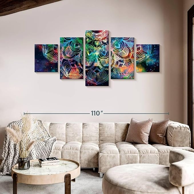 ElephantStock - Celestial Mandala Wall Art - Horizontal Multi Panel Canvas - 5 Piece Living Room Wall Decor - Digital Art Elements Multi Piece Wall Art - Turquoise And Blue Decor - 92" x 42"