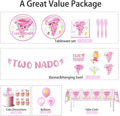 132PCS Pink Tornado Party Supplies Birthday Decorations for Girls Tornado 2nd Disposable Plates Napkins Set, Banner, Hanging Swirls, Tablecloth, Cake Topper, Balloon,Tornado 2nd 2 Year Old Baby Shower