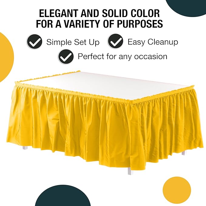 Exquisite Ruffle Table Skirt Yellow 14 Ft Long for Rectangle Tables 6ft Plus or Round Tables with Adhesive Strip for Gender Reveal Decor and Happy Birthday Parties, 2 Pack